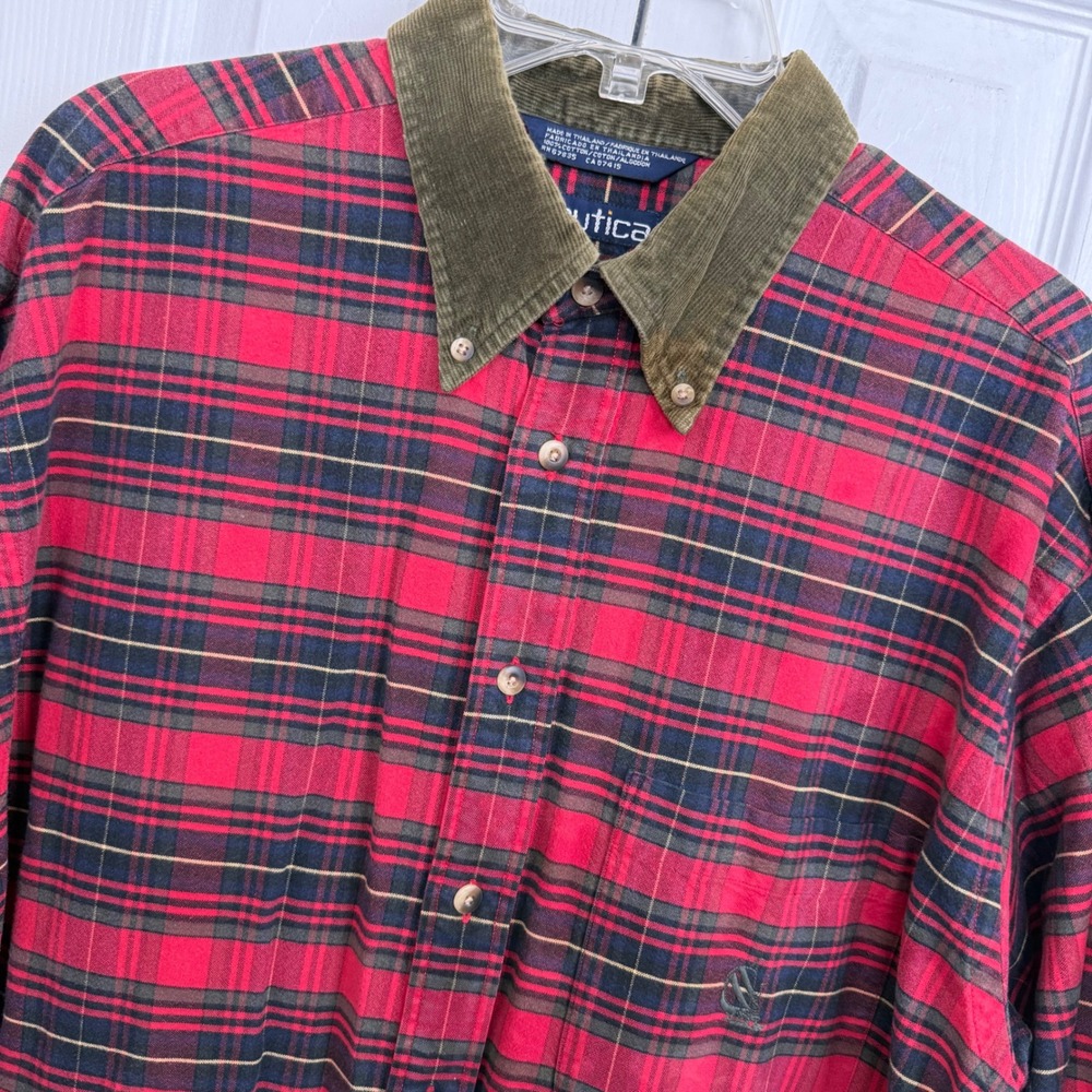 Vintage Nautica Tartan Flannel Shirt L w/ Corduroy Collar – Holiday Cabin Plaid‎ - Picture 2 of 9